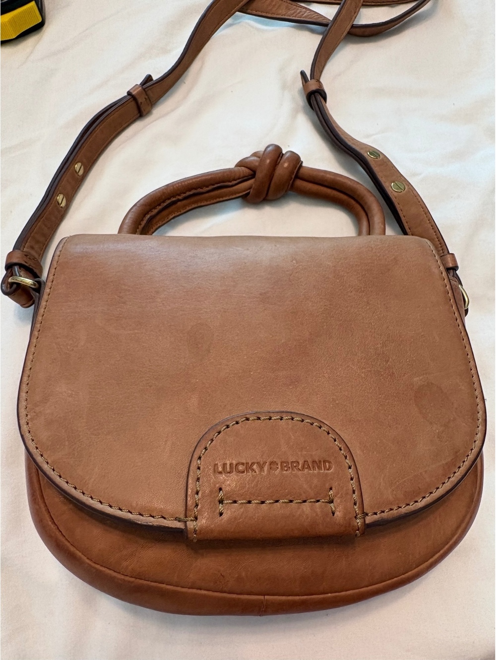 Lucky Brand Brown Leather Knotted Handle Crossbody Saddle Bag Boho Purse
